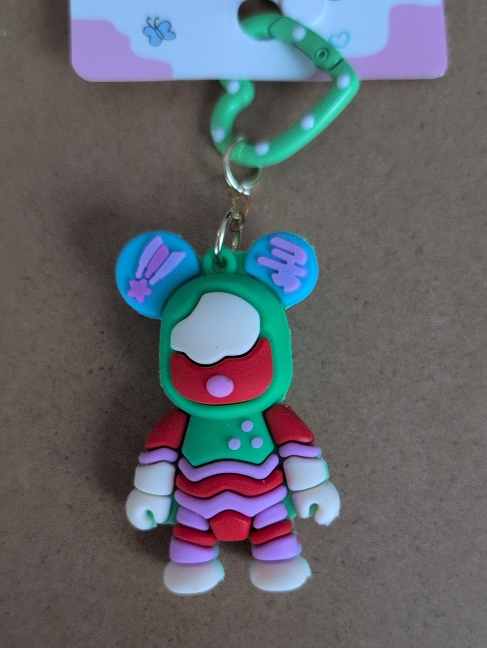 Green Bear-Like Silicone Figure Keychain with Red & Pink Accents